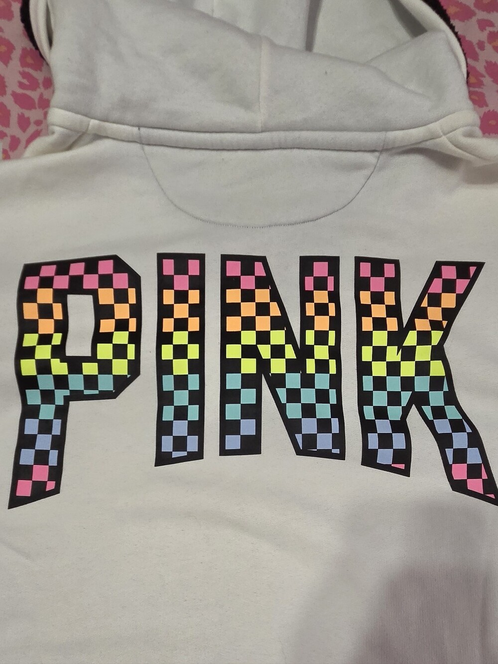 PINK Victoria's Secret White Hoodie with Neon Checkerboard Logo NWOT SIZE XL!!